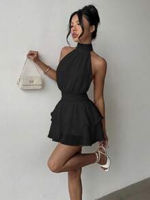 Elegante Vestido Mini de Moda con Cuello Halter, Espalda Descubierta y Volantes en Capas - Boda - Negro - Ver 2