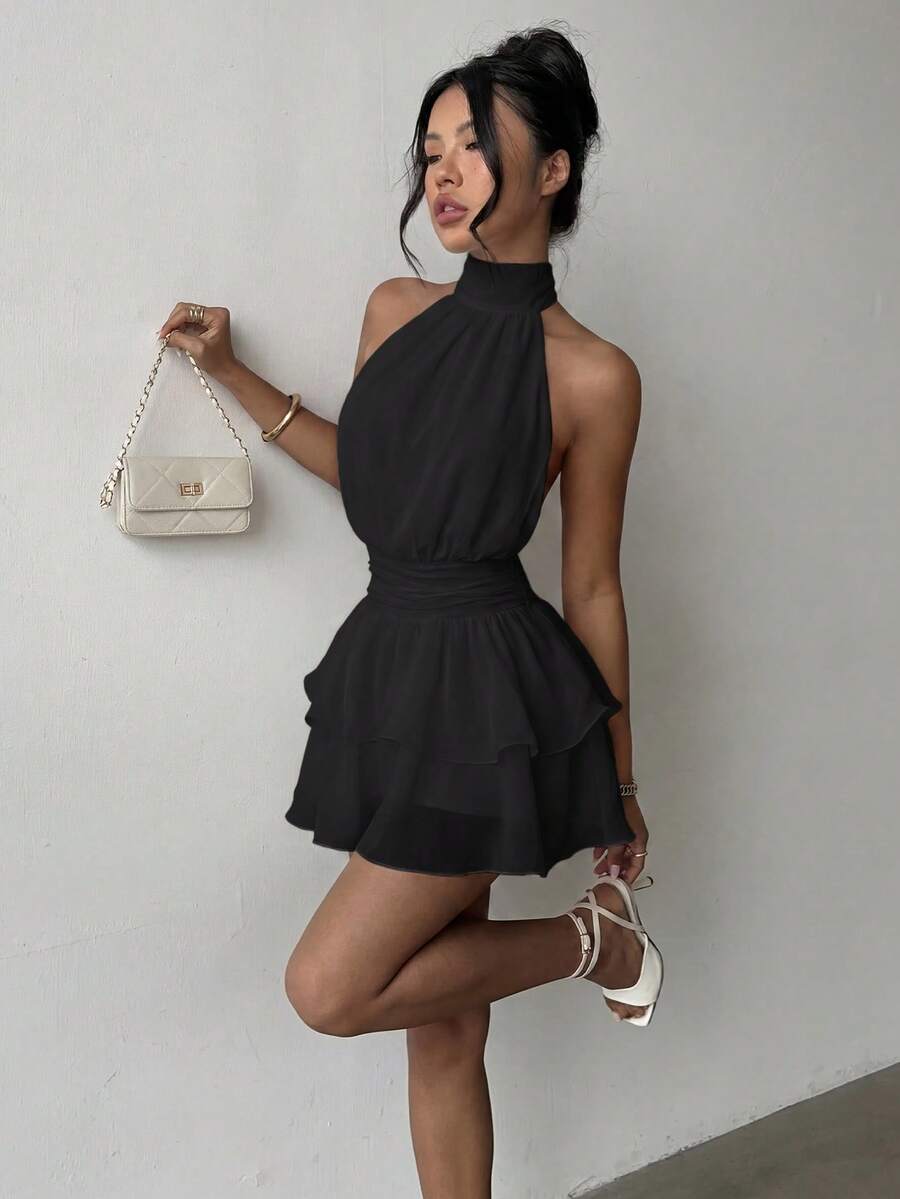 Elegant Fashion Halter Neck Backless Layered Ruffle Mini Dress - Wedding - Black - View 1