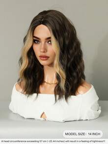 7JHH WIGS Short Wavy Dark Brown Wig Mixed Beige Highlight Wigs For Women 14 Inch Shoulder Length Bob Curly Middle Part Wigs, Natural Synthetic Heat-Resistant Fiber Hair For Daily Cosplay Party Use - Multicolor - View 4