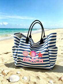 1/2件組條紋托特包與化妝包套裝，印花「Beach」圖案，適合度假、旅行、通勤、購物，送給家人與朋友的禮物 - 彩色 - 查看 15