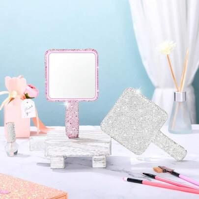 1/2 Stücke Strass Hochzeit Glänzender Handspiegel Süß Funkelnd Make-up Tragbar Dekorativ Persönlicher Make-up Spiegel Geeignet für Frauen Mädchen Bräute Hochzeitsgeschenk, Rosa Weiß, Quadratisch