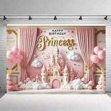 1pc Charming Pink Princess Castle Birthday Party Backdrop Banner, Suitable As A Photo Background Or Cake Table Decoration, For Birthdays, Parties, Celebrations, And Indoor Or Outdoor Garden Party Decorations - Multicolor - View 4