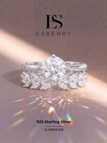 ESBERRY 2pcs S925 Sterling Silver Shiny Engagement Moissanite Ring, Wedding Ring, Stackable Ring, Promise Ring, Eternity Ring, Luxury Jewelry Gift For Valentine's Day - Wheat Ear Double Ring - View 1