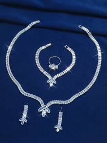 5pcs Bridal Rhinestone Jewelry Set, Silver Sparkly Necklace Earrings Bracelet & Ring For Bride Wedding Prom Party - Silver - View 2