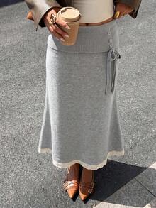 Elegant Women's Knitted Midi Dress, Grey Medium Stretch Fabric, Decorated With Exquisite Lace Hem, Autumn Fashion Choice - Grey - View 3