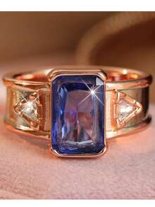 Gmzalx Cincin Fashion Mewah Wanita, Desain Persegi Panjang Biru Berkilau, Gaya Vintage Mewah, Cocok Untuk Perjalanan Sehari-hari dan Pesta - Dua warna - View 6