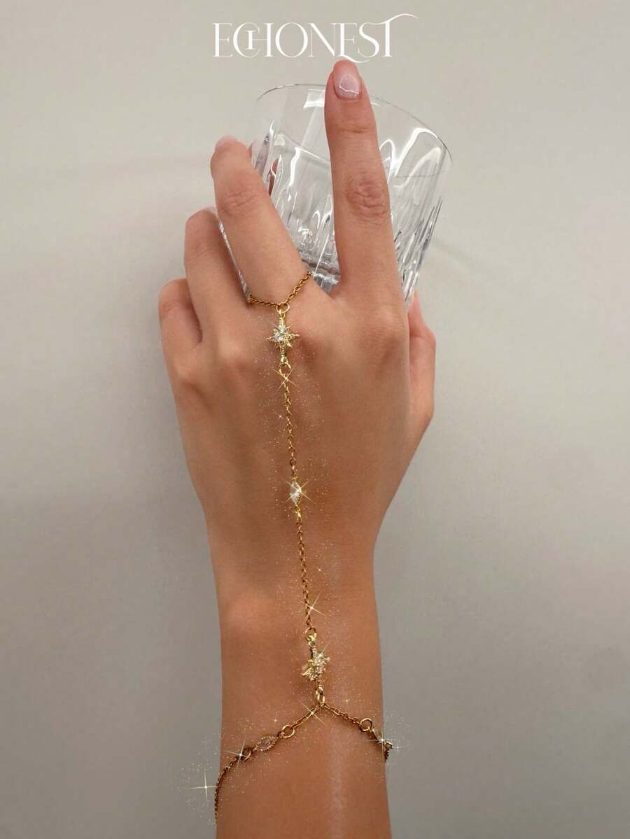 1件金色不鏽鋼8角星連指手鍊 雙層 - 金黃色 - 查看 1