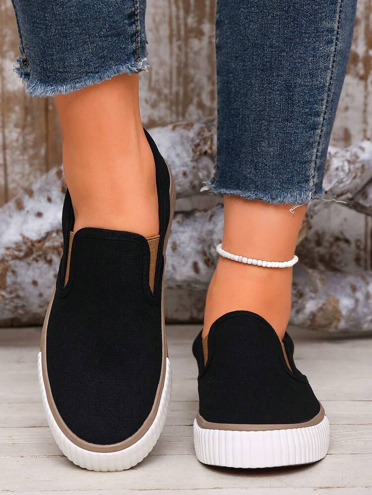 Giày vải đế bằng Slip-On mới, Giày lười thoải mái, Giày đi bộ, Giày thể thao thường ngày thời trang - màu đen - Xem 4