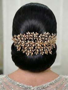 1pc Shiny Champagne Rhinestone Hair Comb Bridal Headpiece Elegant Women's Hair Accessory Suitable For Wedding Party - Champagne - View 2