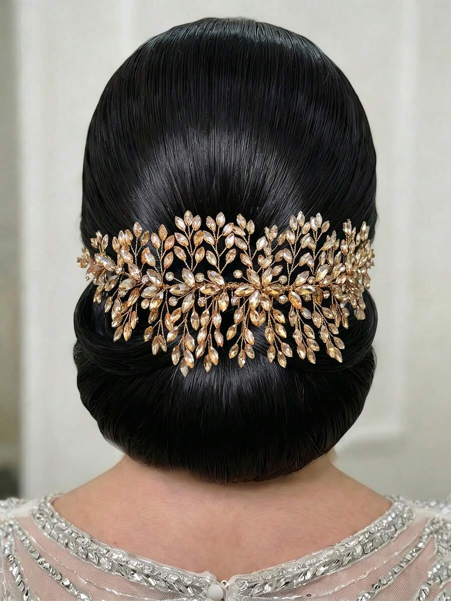 1pc Shiny Champagne Rhinestone Hair Comb Bridal Headpiece Elegant Women's Hair Accessory Suitable For Wedding Party