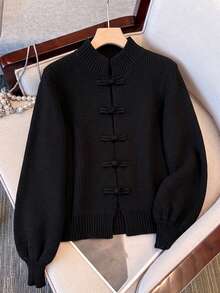 Women's Elegant Black Knit Cardigan With Chinese Knot Buttons, Long Sleeve Regular Length Top, Suitable For Autumn/Winter - Black - View 4