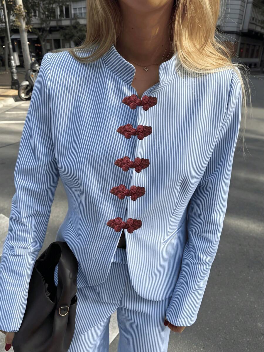 Fashionable Elegant Long Sleeve 2 Pieces Set, Vintage Blue Vertical Striped Outfit With Frog Button And Small Stand Collar Design, Chinese Style Elements, Sophisticated And Exquisite - Blue - View 1