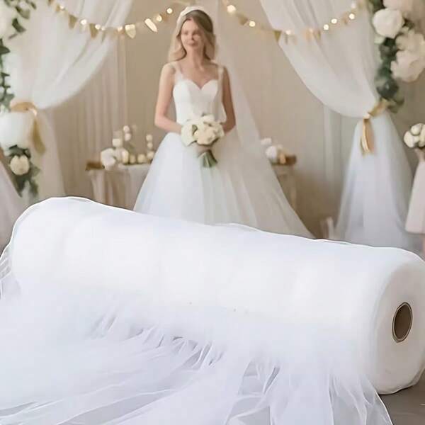 1pc Romantic White Semi-Transparent Tulle, Long Solid Color Tulle, Polyester Material, Suitable For Wedding Arch, Home Decor, Birthday/Wedding Party Room Backdrop Decoration, Ceremony Backdrop, Table Decor, Table Skirt, Scene Arrangement, Photography Props, Tulle Fabric