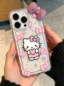 SANRIO 1pc Transparent Air Bubble European Pink 3D Bow KT Apple Phone Case Compatible With 11-17pm - Pink - View 3