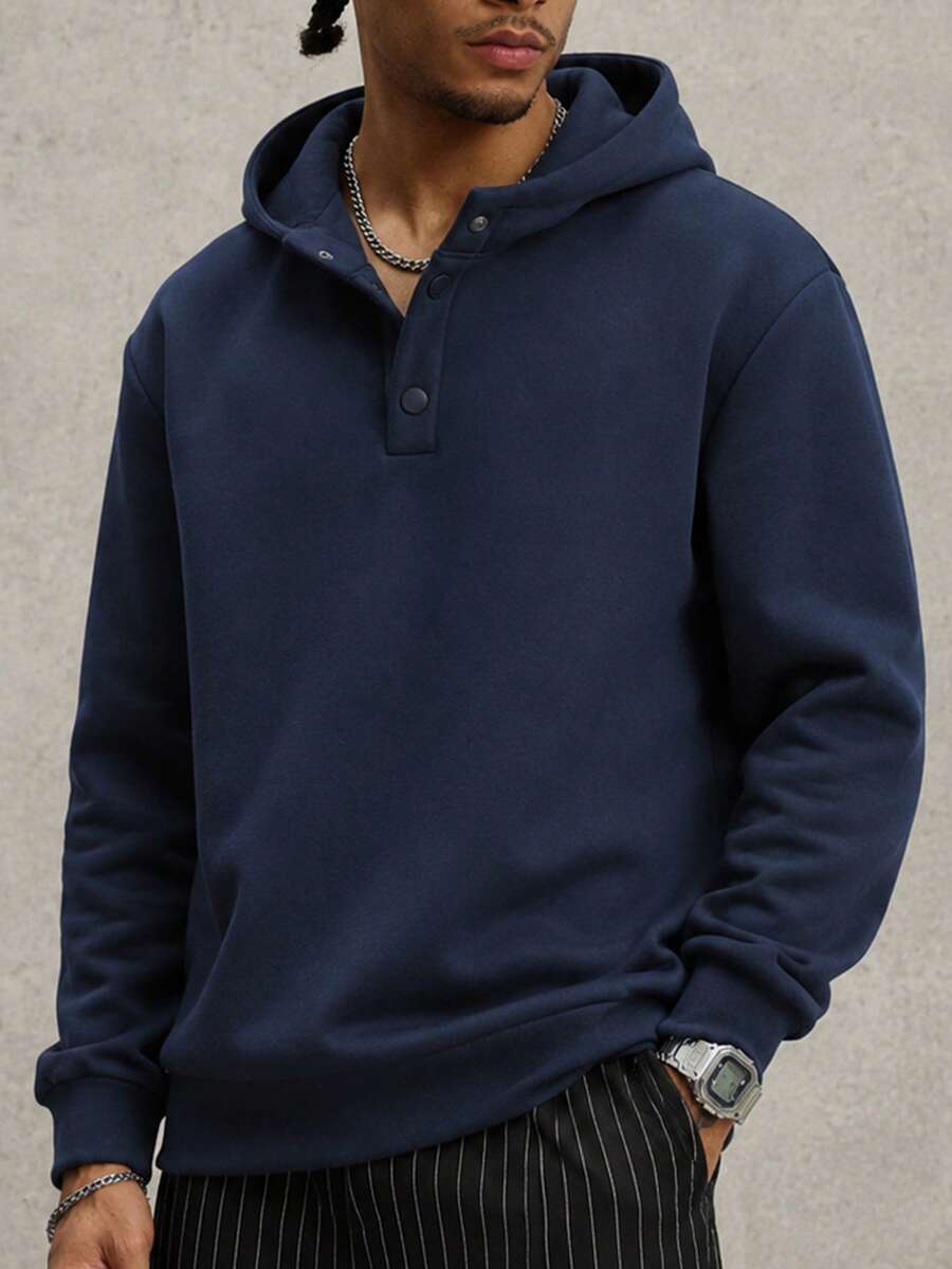 Men's Navy Blue Fleece Lined Hooded Sweatshirt, Solid Color Snap Button Half Placket, Long Sleeve Casual Sportswear, Regular Fit, Suitable For Autumn/Winter - Royal Blue - View 1
