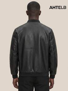 AHTELB Men's Outdoor Leather Baseball Collar Motorcycle Jacket, Riding Jacket, Minimalist Solid Color Flight Jacket Sports Black - Black - View 2