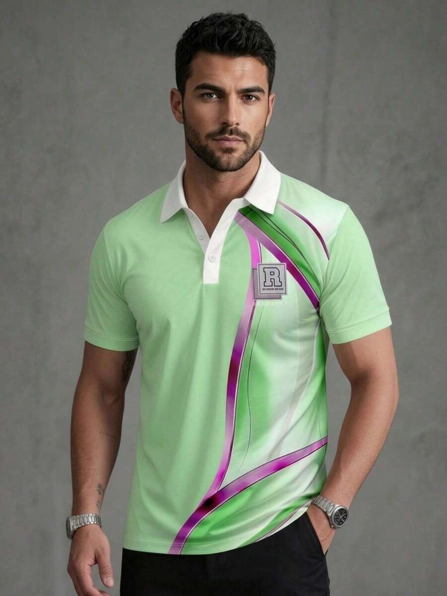 男士條紋休閒/商務休閒短袖 Polo 衫,春季/夏季 - 綠色 - 查看 1