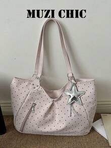 Light Pink Polka Dot Tote Bag, Silver Star Pendant Soft PU Shoulder Bag With Outer Zipper Pocket For Students Daily Campus - Pink - View 6