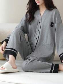 2件組女款開襟V領長袖睡衣套裝，長褲，親膚居家服，春秋款 - 淺灰色 - 查看 5
