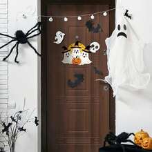 1 pieza Letrero de puerta delantera de fantasma espeluznante de Halloween, colgante de madera con linterna, calabaza y luna para decoración exterior del porche del hogar, corona de madera con murciélagos divertidos para decoración de pared interior - multicolor - Ver 3