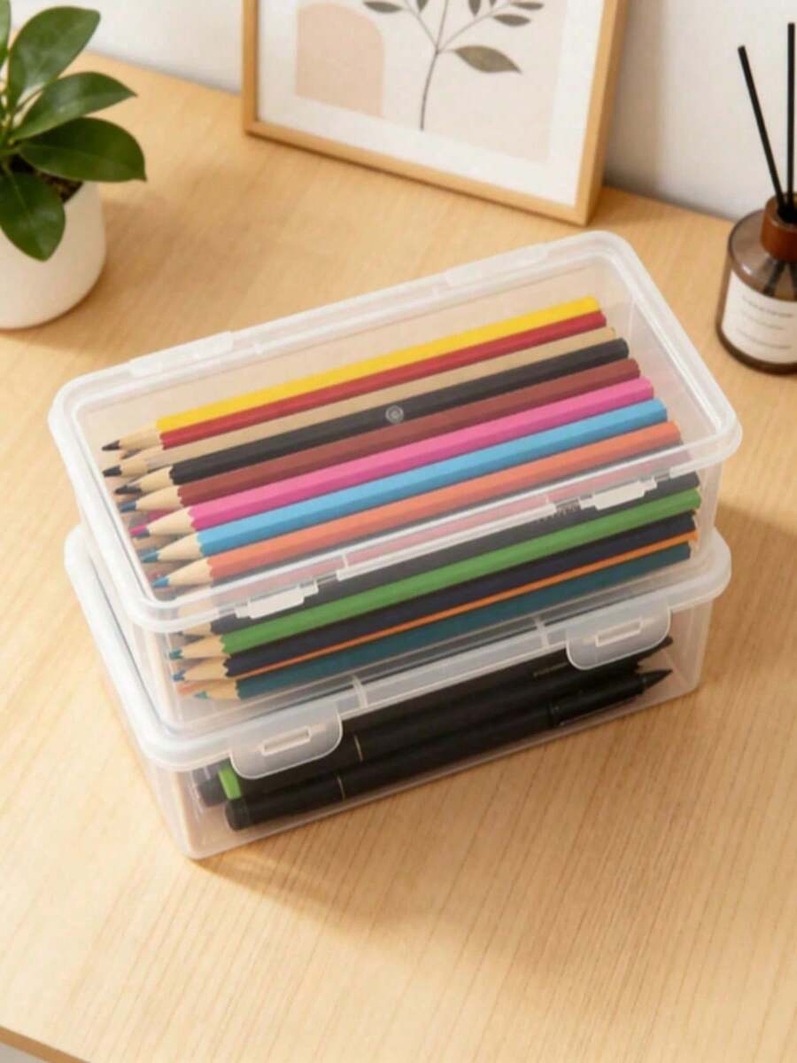 1/2pcs Large Transparent PP Storage Box With Lid, Lightweight Uncoated Surface, Suitable For Office/School Supplies, Pens, Pencils, Markers, Crafts, Desktop Storage, Cosmetics, Jewelry, Minimalist Style - Multicolor - View 1