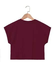 Tween Girl Customized Cotton Top, Spring/Summer Round Neck Short Sleeved T-Shirt With Tropical Letter Print, Suitable For Daily Casual Wear And Vacation - Jujube Red - View 8