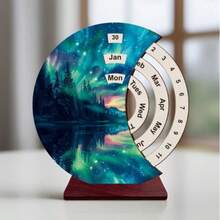 1pc Wooden Manual Rotating Calendar Ornament, Vibrant Aurora Landscape Art Desk Calendar, Fashion 2D Flat Decoration, Suitable For Home, Office, Bedroom, Commemorative Gift For Classmates And Friends - Colorful Aurora - View 7