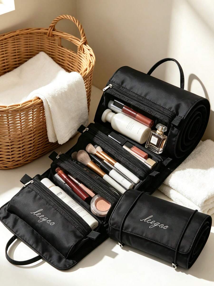 1pc Women's Waterproof Portable Large Capacity Travel Makeup Bag, Bathroom Toiletries Storage Bag, Storage Room Organizer And Makeup Supplies Tidy Organizer - Black - View 1