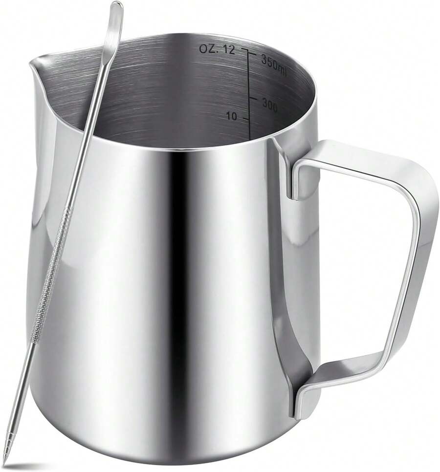 Milk Frothing Pitcher,Milk Steaming Frother Cup,Barista Cappuccino Latte Art Milk Jug With Decorating Pen,Stainless Steel Espresso Coffee Bar - White - View 1