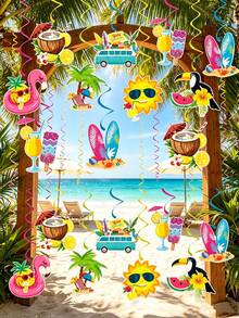 16pcs/1set Hawaiian Luau Birthday Party Hanging Swirl Decor,Summer Beach Party Hanging Decor,Hawaiian Party Decor,Tropical Palm Flamingo Hanging Swirls Streamers Beach Theme Decorations For Summer Birthday Wedding Hawaii Theme Party Supply. - A - View 2