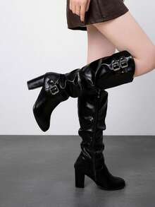2026 Autumn/Winter New Chunky Heel Ruched Tall Boots With Belt Buckle, Wide Shaft High-Top Riding Boots For Women - Black - View 4