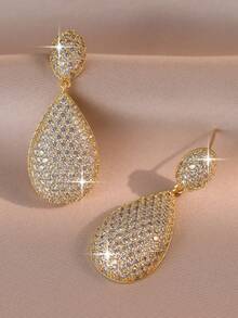 1 Pair Luxury Elegant Cubic Zirconia Water Drop Pendant Earrings, Fashionable Women's Jewelry, Suitable For Daily Wear, Party, Gift, Travel - Yellow Gold - View 6