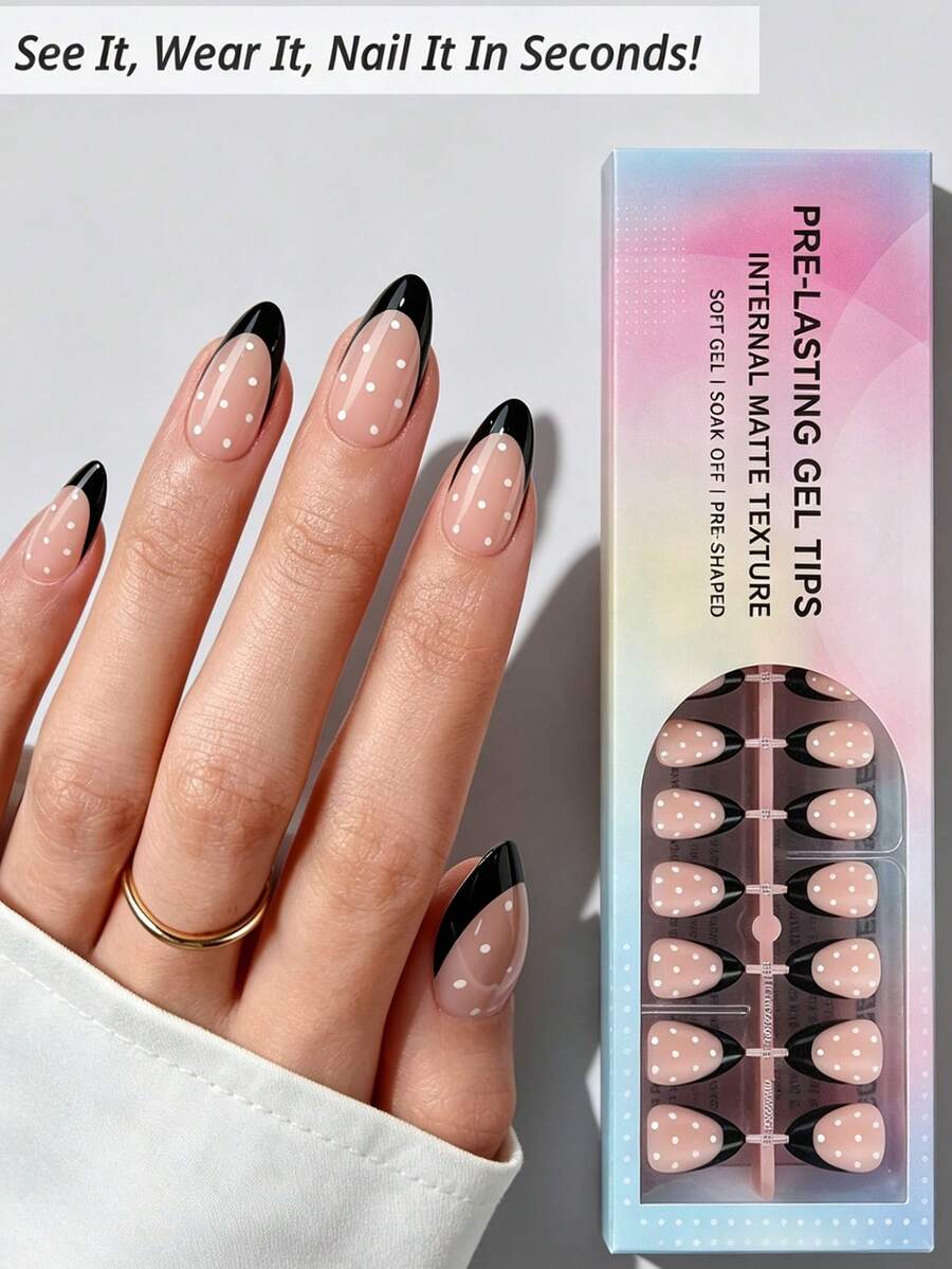 150pcs Short Almond Black French Gel Fake Nails With White Polka Dot Pattern, Matte French Manicure Nails, Durable And Reusable, 15 Sizes For DIY Nail Art, Suitable For Women And Nail Salons