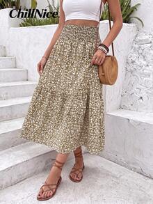 Women's Long Floral Print Skirt With Casual Elastic Waist And Ruffled Hem, A-Line Skirt For Spring And Summer Vacations - Khaki - View 6