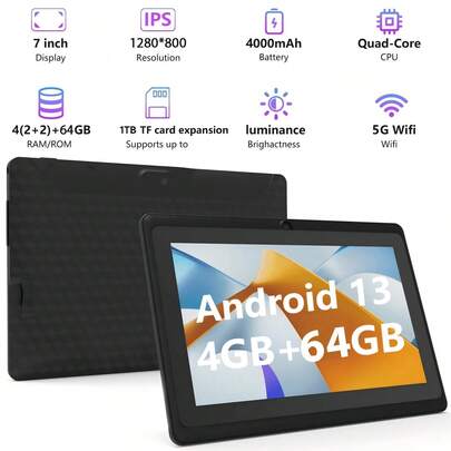 Tablet Komputer Anak 7 Inci, Tablet Komputer Anak dengan Wi-Fi, RAM 4GB, ROM 64GB, Kamera Ganda, Kontrol Orang Tua, JPA Pra-instal untuk Pendidikan Anak, Permainan, Tablet, dan Hadiah Liburan untuk Merawat Anak-Anak