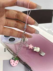 1pc Japanese Healing Strawberry Bunny Handmade Beaded Phone & Key Strap, 3D Bow Star Unique Sweet Accessory, Cute Small Gift For Girls & Best Friends On Birthday & Valentine's Day - Multicolor - View 3