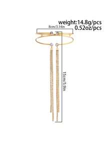 1pc Minimalist Fashion Luxury Rhinestone Tassel Open Cuff Bracelet, Suitable For Women's Daily, Vacation, Party And Other Occasions - Golden - View 7