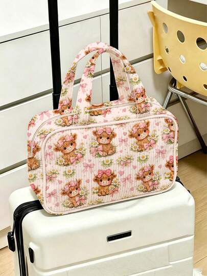 Nueva bolsa de maquillaje con patrón de vaca de las tierras altas rosa, bolsa de aseo, bolsa organizadora de viaje, bolsa de almacenamiento de maquillaje de viaje portátil y ligera, bolsa de aseo, bolsa de almacenamiento diario fresca, estilo compacto y portátil, material de pana, decoración con estampado de lunares, bolsa de maquillaje con asa superior, bolsa de gran capacidad minimalista y casual para desplazamientos, bolso de hombro de moda con lunares, adecuado para uso diario