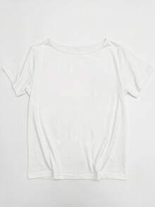 美式 Y2K Hot Girl 風格 白色大圓領不對稱領短袖針織 T-shirt，微彈修身顯身材休閒上衣，適合夏季穿著 - 白色 - 查看 4