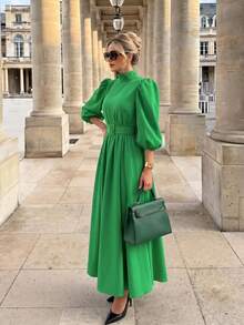 Vestido elegante y sofisticado para mujer de otoño con cintura ceñida, falda completa, unicolor, bolsillos y cinturón con lazo - Verde - Ver 2