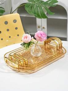 1PC-Gold Thickened Transparent PET Rectangular Dining Tray, Thickened PET Rectangular Tea Cup Coffee Cup Water Cup Dining Double Handle Transparent Glacier Pattern Tray, Durable - Perfect For Home Living Room Decor, Weddings And Parties - Transparent Gold - View 6