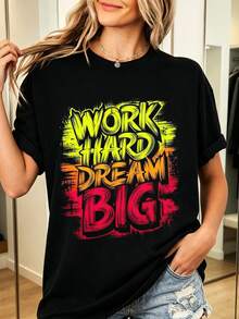 Work Hard Dream Big T-Shirt 100% Cotton Women's Summer Top Street Lettering Gradient Casual - 黑色 - 查看 1