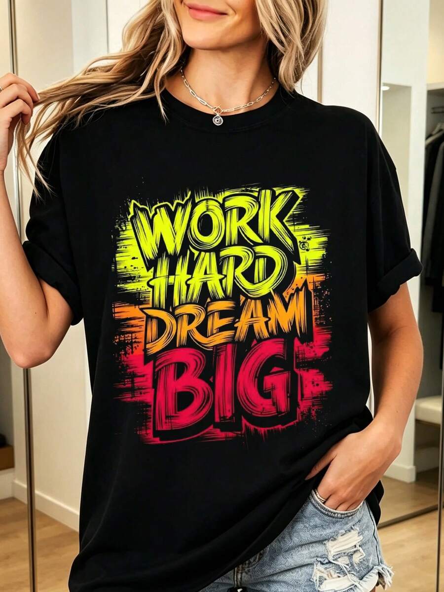 Work Hard Dream Big T-Shirt 100% Cotton Women's Summer Top Street Lettering Gradient Casual - 黑色 - 查看 1