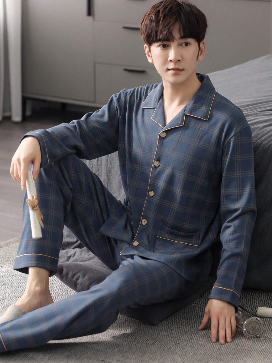 2 件套男士宽松长袖开衫睡衣套装，中年休闲睡衣，2025 年秋冬系列 - 藍色 - 查看 1