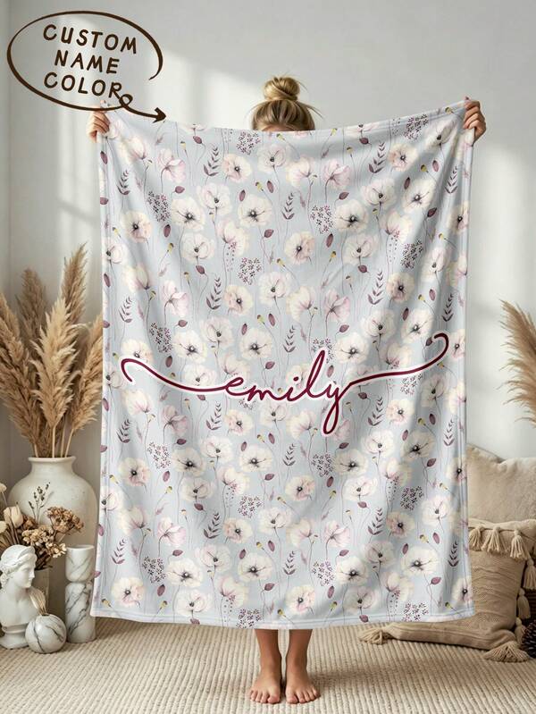 1pc Customized Name Blanket, Watercolor Floral, Flower Decor Blanket, Name Blanket, Floral Blanket, Square Pattern Floral, Suitable For Bed, Living Room Sofa, Outdoor Beach Camping Pets, Personalized Home/Pet/Couple Bed Blanket, Personalized Christmas Gift, Home Gift, Birthday Gift, Gift For Friends, Gift For Her, Gift For Son/Daughter
