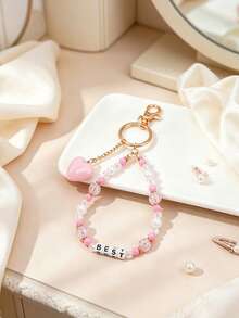 1pc Pearl Heart Beaded Pendant Phone Case Car Key Chain Bag Charm - Multicolor - View 2