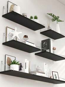 1pc Wall Mounted Shelf No Drilling Required Straight Shelf Wall Decor Bedroom Study Living Room Bathroom Washroom Wooden Board Hanging Rack Kitchen Wall Shelf Storage Rack Bookshelf Wall Rack Office Furniture Wall Shelf - Black - View 2