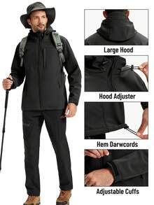 KEFITEVD Men Softshell Hooded Jacket Fleece Lined Thermal Warm Breathable With 6 Pockets Adjustable Cuffs Hem For Hiking Camping Outdoor - Black - View 4
