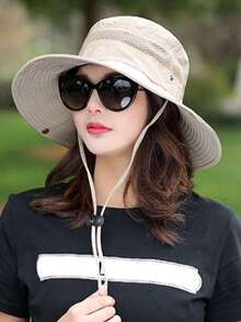 1pc Women's Wide Brim Bucket Hat With Adjustable Chin Strap And Hollow Mesh Top, Suitable For Outdoor Hiking And Fishing - Beige - View 1