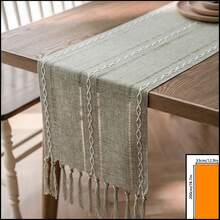 1pc Sage Green & White Woven Striped Table Runner, Rustic Country Style, Blended Material, Long Rectangular Shape With Tassel Edges And Woven Craftsmanship Details, Decorative Functional Table Runner For Daily Home Dining Table Arrangement And Fresh Natural Restaurant Decor Scenes - Green - View 14